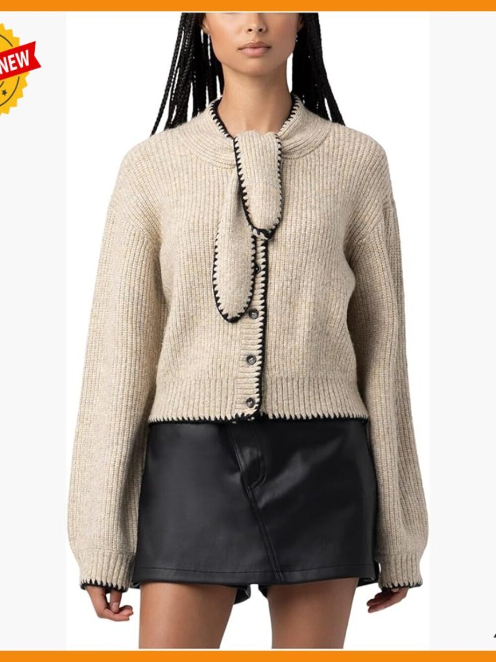 Women's Cardigan Sweater with Neck Tie, Plush Knit